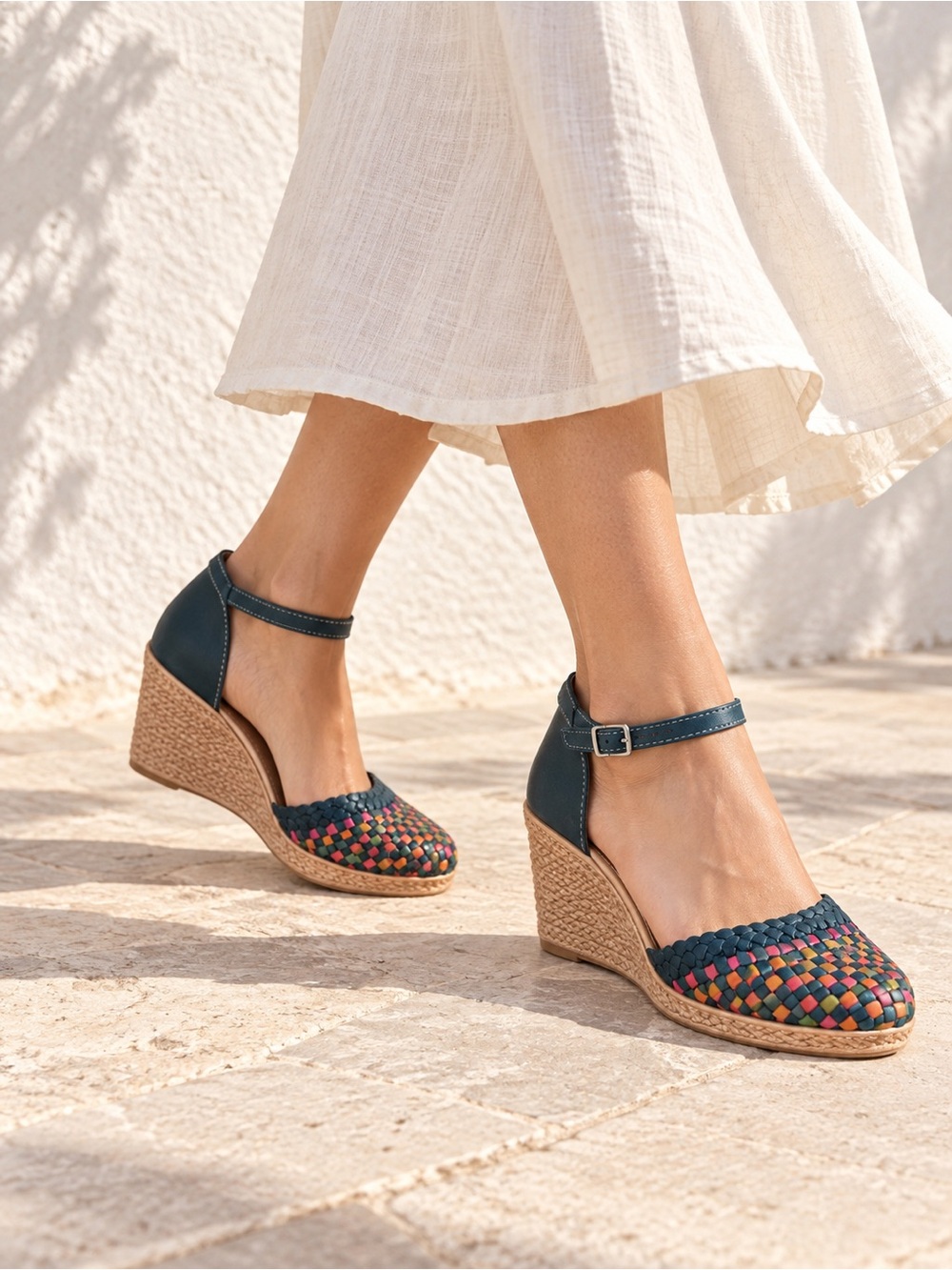 ⚡ VICKA Multicolour Woven Closed-Toe Wedge Sandals Size 9